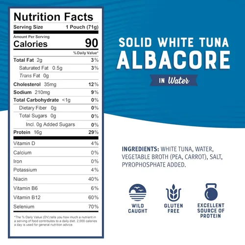 Miniatura 2 de Bumble Bee - Atún blanco de aleta Albacore en agua en sobres de 71 g - Paquete de atún capturado de forma salvaje listo para comer - 16 g