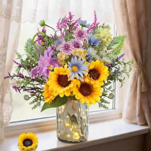 Miniatura 8 de Flores falsas en jarrón, arreglo de flores artificiales azul polvoriento en jarrón, centros de mesa florales falsos para cocina, granja, mesa
