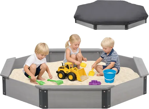 Cajón de arena de 64"x56"x8.5" octogonal con cubierta para juegos al aire libre de niños, arenero grande de madera con 4 bancos, instalación rápida