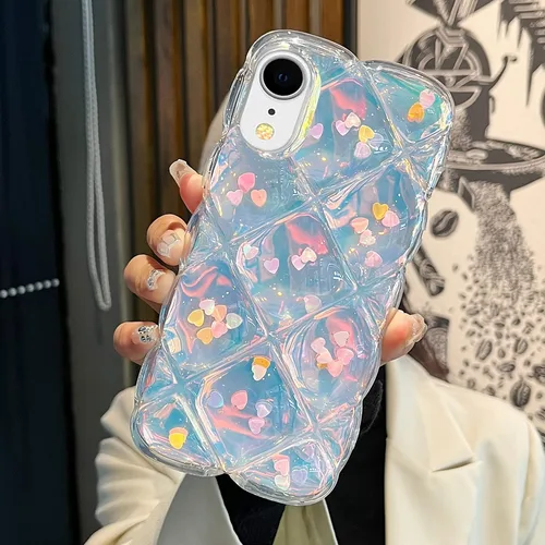 Miniatura 7 de Qokey Funda para iPhone XR de 6.1 pulgadas, lindo láser gradual Bling Love Heart Glitter Clear+Translucent Card Soft Wave Frame Anticaída 3D gruesa