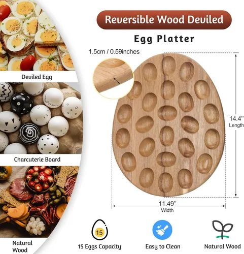 Miniatura 2 de Lounsweer Bandeja reversible de madera para huevos y charcutería, bandeja gruesa para encimera, refrigerador, contenedor de huevos de gallina
