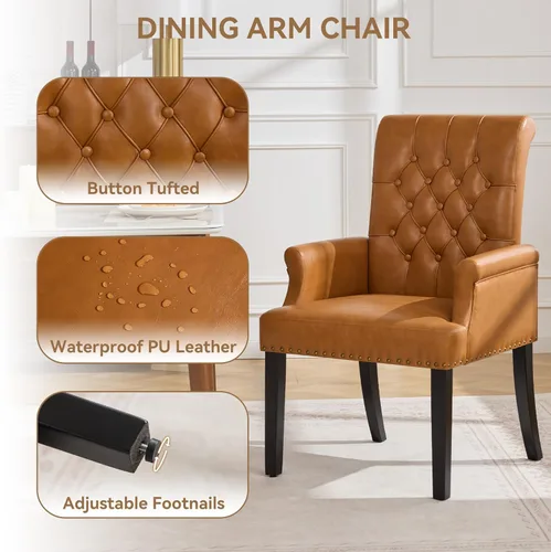 Miniatura 4 de WUTUTUEE Silla de comedor de piel sintética con brazos, sillas de comedor tapizadas con respaldo alto, sillón decorativo con patas de madera maciza