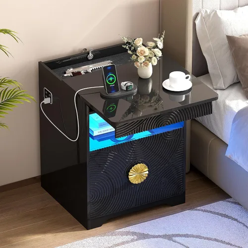 Miniatura 10 de Mesita de noche con cajón para armas, mesa de noche con carga y puerto USB y tipo C, mesita de noche LED con luz sensora humana, mesa auxiliar