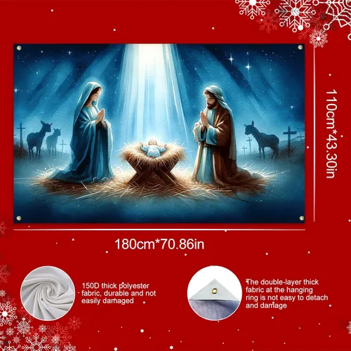 Miniatura 5 de BlissYard Fondo de Escena de la Natividad 71x43 Pulgadas Pancarta de la Escena del Pesebre de la Noche Santa Telón de Fondo Religioso Cristiano