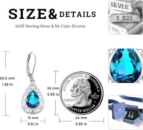 Miniatura 156 de Aretes colgantes de plata de ley con diseño de árbol de la vida, flor, abeja, animales, gato, colibrí, piedra lunar, turquesa, aretes con cierre