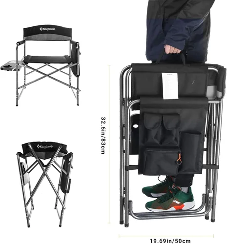 Miniatura 6 de KingCamp Silla de directores de camping con mesa auxiliar, portavasos y bolsillo lateral para adultos, silla plegable resistente, soporta 396 libras