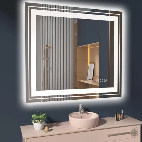 Miniatura 74 de Snowdool Espejo LED de baño, 32 x 32 pulgadas con luz frontal y retroiluminada, antivaho, espejo de tocador de baño para pared, función de memoria