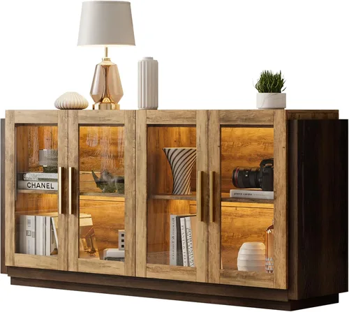 Miniatura 9 de AMERLIFE Aparador Buffet Gabinete, Gabinete de Acento de Color Mixto con Luces LED, Gabinetes de Almacenamiento Modernos con Puertas de Vidrio