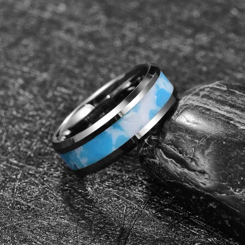 Miniatura 3 de MEILING LINGMEI Mens Tungsten Rings 8mm Blue and White Artificial Stone Inlay Wedding Bands Comfort Fit Size 7-12