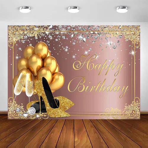 Avezano Telón de fondo de cumpleaños de color oro rosa para mujeres y niñas, globos dorados, tacones altos, fiesta de cumpleaños, sesión de fotos,