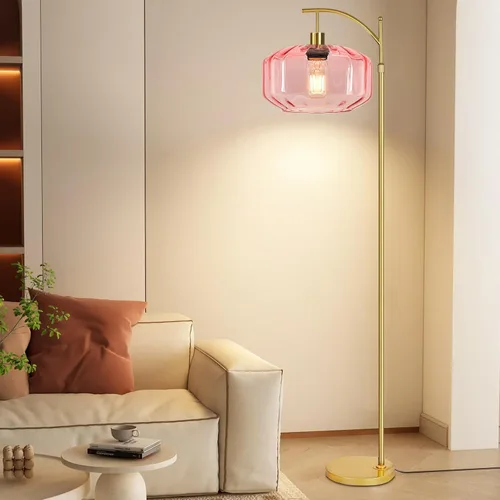 Miniatura 8 de Lámparas de pie doradas para sala de estar, dormitorio, lámpara de pie de cristal con control remoto y pantalla rosa, lámpara de pie regulable
