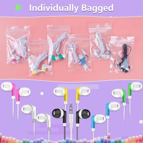 Miniatura 7 de Auriculares para niños a granel, paquete de 50 auriculares multicolor con cable al por mayor, perfectos para bibliotecas escolares, estudiantes