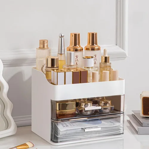 Miniatura 8 de Organizador de maquillaje para tocador, organizador de tocador con 2 cajones, organizadores de maquillaje y cuidado de la piel, vitrina de Crema