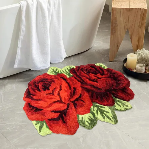 Miniatura 24 de USTIDE Bonita alfombra de baño de rosas para baño, alfombra de baño naranja de lujo, antideslizante, con forma de flor, alfombra de ducha de felpa