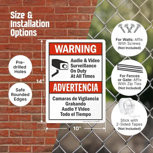 Miniatura 3 de SmartSign-S-9392-AL-14 Advertencia - Vigilancia de Audio y Video En Servicio en Todo Momento Letrero Bilingüe 10" x 14" de Aluminio - Negro/Rojo