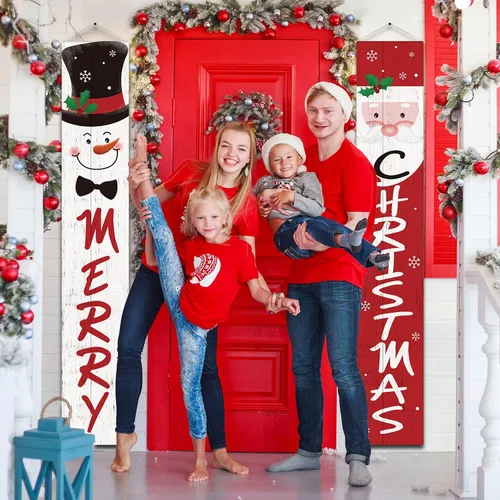 Miniatura 4 de Tatuo Cartel de Navidad para puerta, decoración de Navidad, Papá Noel, muñeco de nieve, porche, pancartas colgantes de Navidad para el hogar