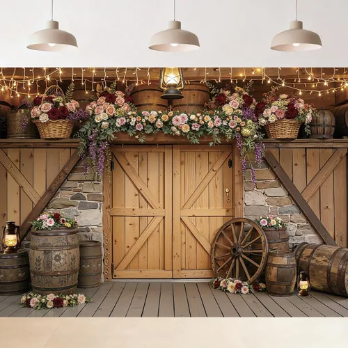 Riyidecor Western Country Backdrop Polyester Fabric Bridal Rustic Barn Door Farmhouse Pink Flower Cabin Wooden 7Wx5H Feet Girly Photography
