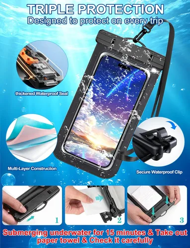 Miniatura 5 de Paquete de 5 bolsas impermeables universales para teléfono de hasta 8.3 pulgadas, bolsa seca impermeable para teléfono, nivel de protección: IP68