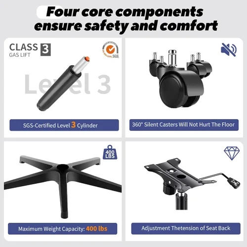 Miniatura 7 de Fizzin Silla de Oficina Ergonómica, Sillas de Computadora de 400 LBS con Soporte Lumbar Ajustable, Silla de Escritorio de Malla Transpirable Negro