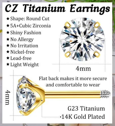 Miniatura 4 de Enticera G23 Aretes de Titanio 5A+Circonita Cúbica Aretes de Botón con Parte Trasera Plana Aretes Hipoalergénicos de Oro 14K Aretes 2-5MM