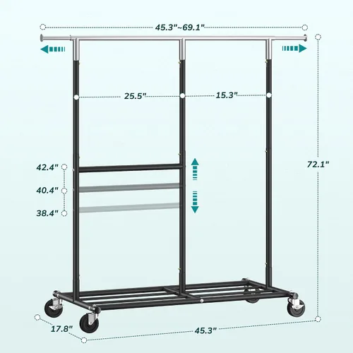Miniatura 8 de Raybee Perchero para Ropa Resistente 200+LBS, Percheros para Colgar Ropa, Perchero de Metal con Ruedas, Perchero Comercial para Prendas Rodante Negro