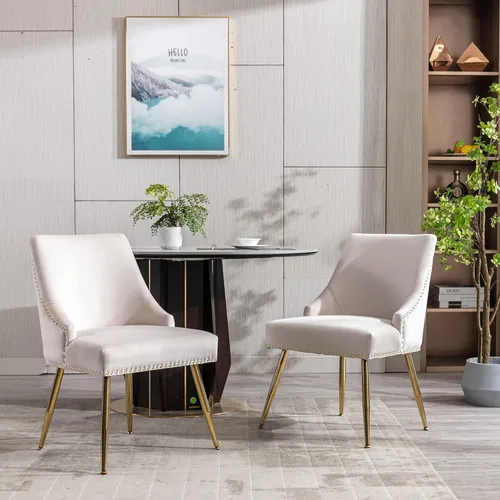 Miniatura 2 de KCC Juego de 4 sillas de comedor de terciopelo con respaldo de cabezal de clavo y ribete de anillo de tracción con patas doradas para cocina y sala