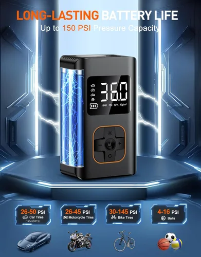 Miniatura 3 de Inflador de Neumáticos Compresor de Aire Portátil - Bomba de Aire Rápida Inalámbrica para Neumáticos de Coche, Bomba de Aire Eléctrica de 150 PSI