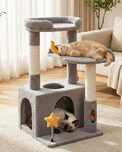 Miniatura 6 de Bonita torre para gatos de interior de 32 pulgadas con condominio para gatos, plataforma de felpa, hamaca, postes rascadores de sisal, bola