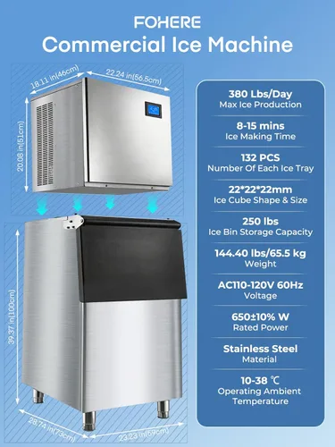 Miniatura 9 de Commercial Ice Maker Machine 380LBS/24H, 250LBS Stainless Steel Storage Bin, 132 Ice Cubes in 8-15min, Self-Cleaning, Air Cooled Ice Machine with