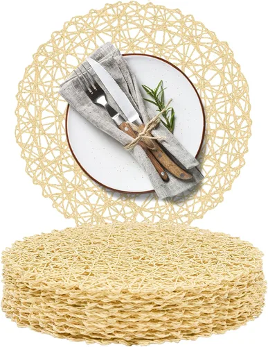 Miniatura 40 de AHHFSMEI Juego de 6 manteles individuales redondos trenzados de papel, naturales, antideslizantes, resistentes al calor, para mesas de comedor, Beige