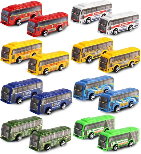 Juego de 16 piezas de vehículos de autobús urbano con tracción trasera, mini autos para niños pequeños, vehículos de carreras impulsados por