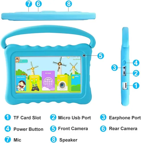 Miniatura 5 de Tableta para niños de 7 años para niños con WiFi, tableta Android para niños pequeños de 32 GB con controles parentales a prueba de golpes (azul)