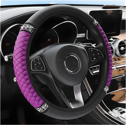 Miniatura 18 de Osilly Funda brillante para volante de automóvil, 15 pulgadas, con diamantes de imitación brillantes, piel suave, protector elástico, para mujeres