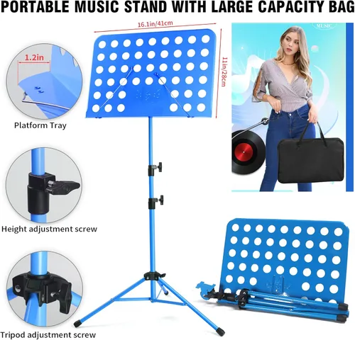 Miniatura 3 de lotmusic Soporte de música azul, soporte portátil para partituras, soporte de música plegable y ajustable en altura con bolsa, clip de partitura