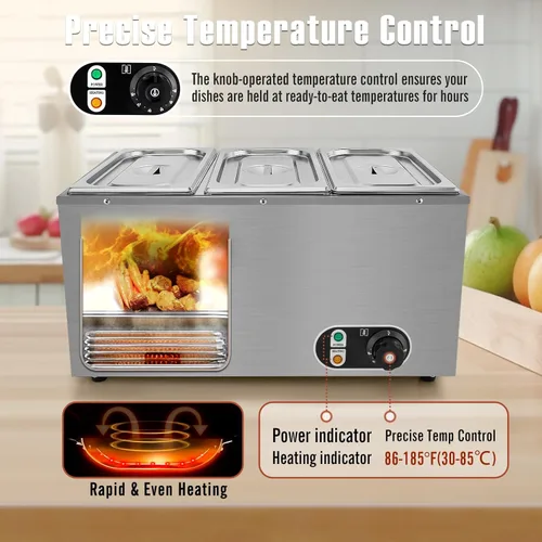 Miniatura 3 de Calentador de alimentos comercial de 3 sartenes, calentador eléctrico de alimentos de acero inoxidable de 1500 W, sartén de mesa de vapor de 6.9