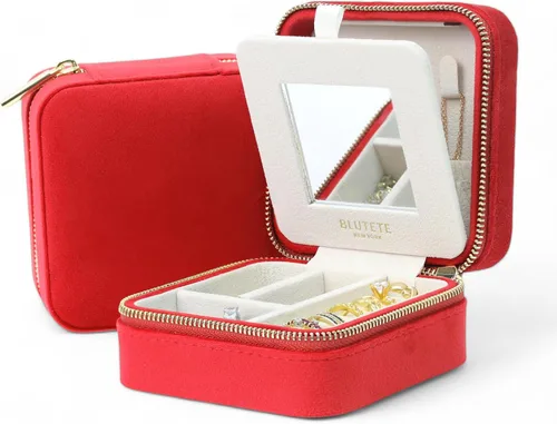 Miniatura 77 de BLUTETE Joyero de viaje organizador de terciopelo con anillos de espejo, aretes, collares, caja organizadora de almacenamiento (negro)