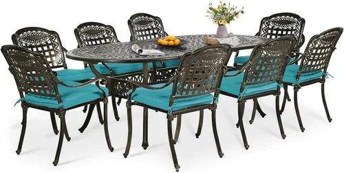 Miniatura 24 de Juego de comedor de patio de 9 piezas, mesa y sillas de patio al aire libre, mesa de comedor ovalada de aluminio fundido de 84 pulgadas con agujero