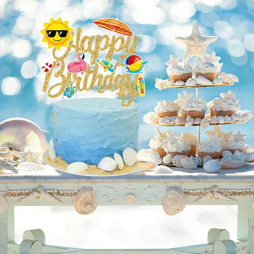 Miniatura 6 de Decoración hawaiana de verano para tartas de playa, decoración de pastel de cumpleaños, decoración de pastel de cumpleaños con purpurina para Oro