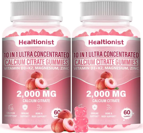 2 paquetes de 2000 mg de citrato de calcio con vitamina D3 K2 suplementos de gomitas para mujeres y hombres, magnesio, zinc, alta absorción, apoyo