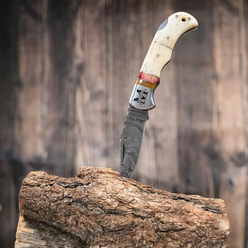 Miniatura 8 de Cuchillo de bolsillo de hueso de camello de acero damascus para hombres, regalos plegables de cuchillo de hoja para él, cuchillos hechos a mano