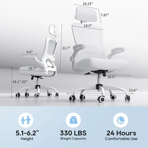 Miniatura 2 de Silla de oficina, silla de escritorio ergonómica de malla con soporte lumbar ajustable y reposacabezas, reposabrazos abatibles, silla de trabajo