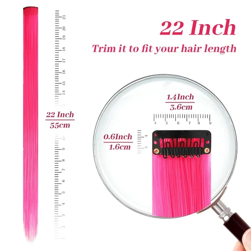 Miniatura 3 de 12 extensiones de cabello sintético lacio de colores de 22 pulgadas con pinza, para fiestas, para mujeres, niños y niñas, rosa C Rosa intenso