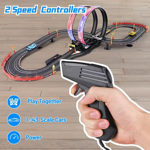 Miniatura 6 de Juego de pistas de carreras de autos de tragamonedas, pista eléctrica de 19 pies con luces LED y 4 autos de tragamonedas, 2 controladores de mano