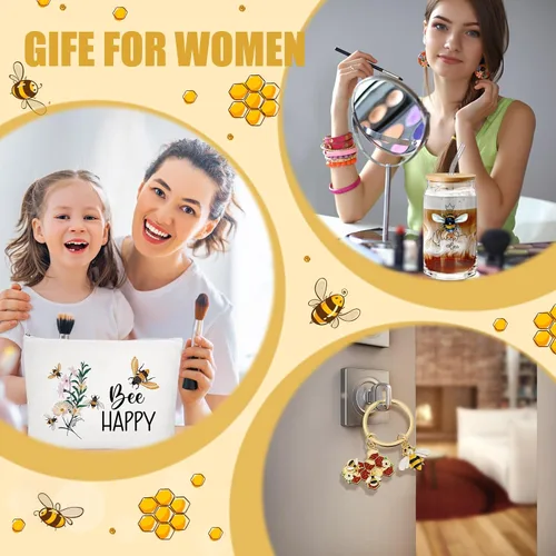Miniatura 6 de Hushee 3 piezas de regalos temáticos de abeja, bolsa de maquillaje feliz y taza de vidrio con tapa, llavero de paja inspirador para graduación