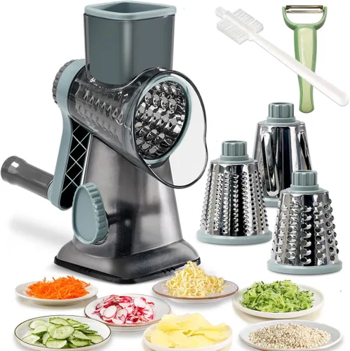 Rallador giratorio de queso con asa, rallador manual redondo de verduras, rebanador de zanahoria, molinillo de nueces con 3 cuchillas de tambor