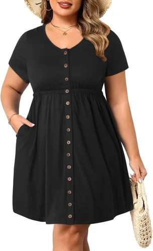 Miniatura 90 de Holipick Vestidos de verano para mujer, talla grande, casual, con bolsillos, acampanado, con botones, sin mangas, cuello en V