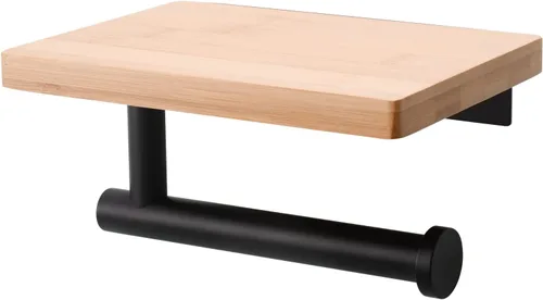 Tecmolog Soporte de rollo de toalla de papel de acero inoxidable para montaje en pared, soporte de papel higiénico negro con estante para rollos de