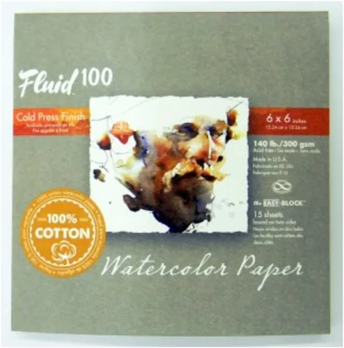 Bloque de Papel Acuarela Fluid 100, 15 x 15 cm, 15 Hojas, 140 lb (300 g/m²) 100% Algodón, Ficha de Prensa Fría para Pintura de Artista y Medios