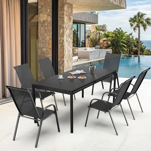 Miniatura 9 de VINGLI Juego de 2 sillas de patio – Sillas de comedor apilables para exteriores con cómodas sillas de respaldo alto y reposabrazos para césped