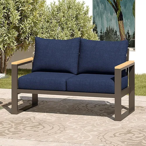 Miniatura 12 de Sundale Outdoor Muebles de patio, sofá de aluminio para todo tipo de clima, sofá de metal para exteriores de 3 asientos con cojín de olefina de 6